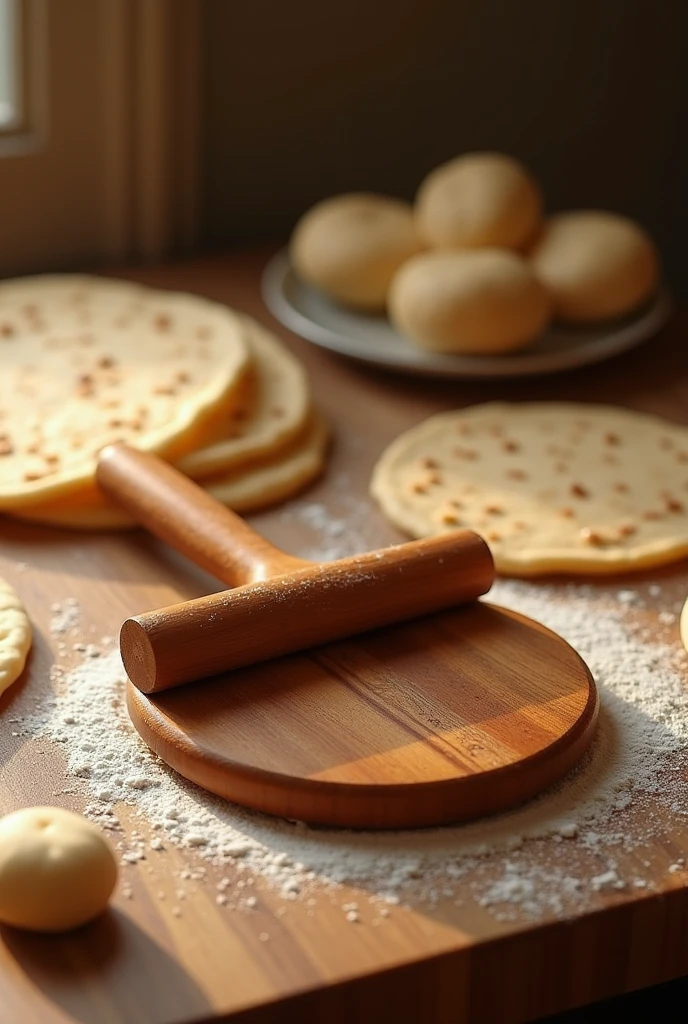 Create an image of a traditional wooden roti maker with a polished surface, sturdy handle, and natural wood grain, surrounded by rolled dough and freshly made rotis on a wooden countertop, with soft, warm lighting to highlight its handcrafted quality.






