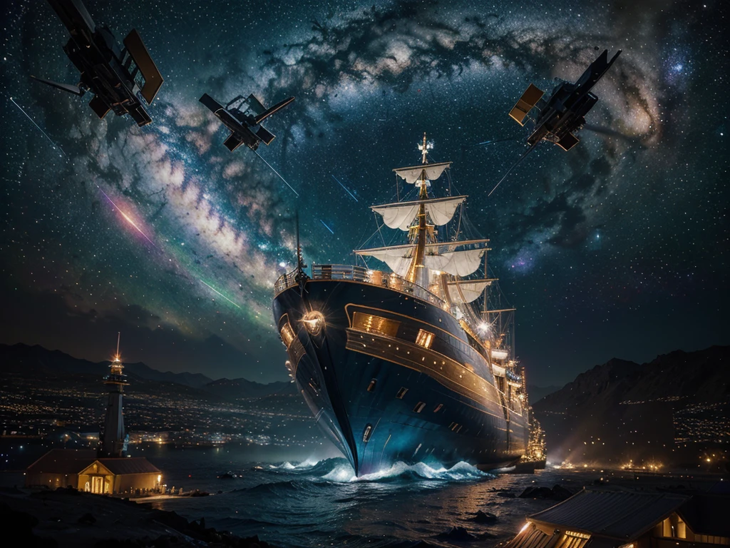 A luminously swirling celestial ship adorned in an array of vivid colors intertwined with golden accents, navigating through a sea of sparkling stars and galaxies in a majestic cosmic canvas. The main subject is a spaceship in a digital anime illustration. This detailed and intricate painting captures the essence of futuristic adventure and exploration, with dazzling lights and intricate designs that truly bring the scene to life. The image is stunningly vibrant and immersive, evoking a sense of wonder and awe in its viewers.