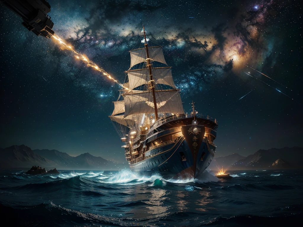 A luminously swirling celestial ship adorned in an array of vivid colors intertwined with golden accents, navigating through a sea of sparkling stars and galaxies in a majestic cosmic canvas. The main subject is a spaceship in a digital anime illustration. This detailed and intricate painting captures the essence of futuristic adventure and exploration, with dazzling lights and intricate designs that truly bring the scene to life. The image is stunningly vibrant and immersive, evoking a sense of wonder and awe in its viewers.