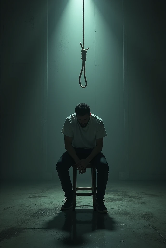 A top of the stool sitting man ready to suiciding in a dark lorge
room with hang up