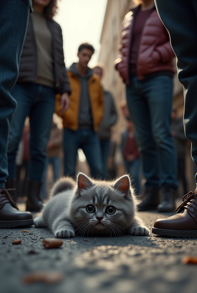 People surrounding a cute grey Persian kitten that was hit by a car on the street, the cat is lying on its side on the floor, very weak.