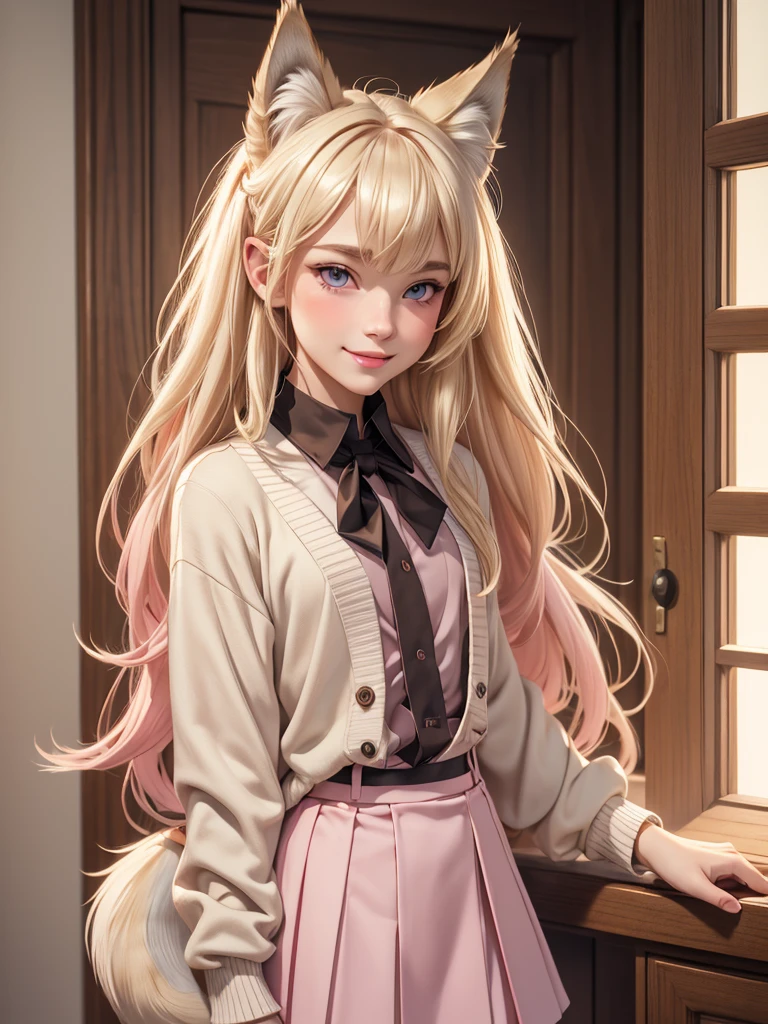 (best quality), 1boy, male, femboy, porcelain skin, blonde hair, straight hair, long hair, swept bangs, cardigan, skirt, brown eyes, perfect eyes, (wolf ears), (wolf tail), collar, flat chest, smile, masculine, blush, pink lips, masterpiece, anatomically correct, highres
