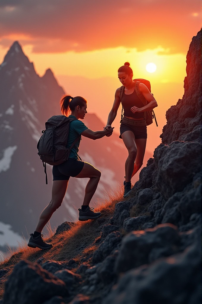  Woman pulling a man on a mountain sunset