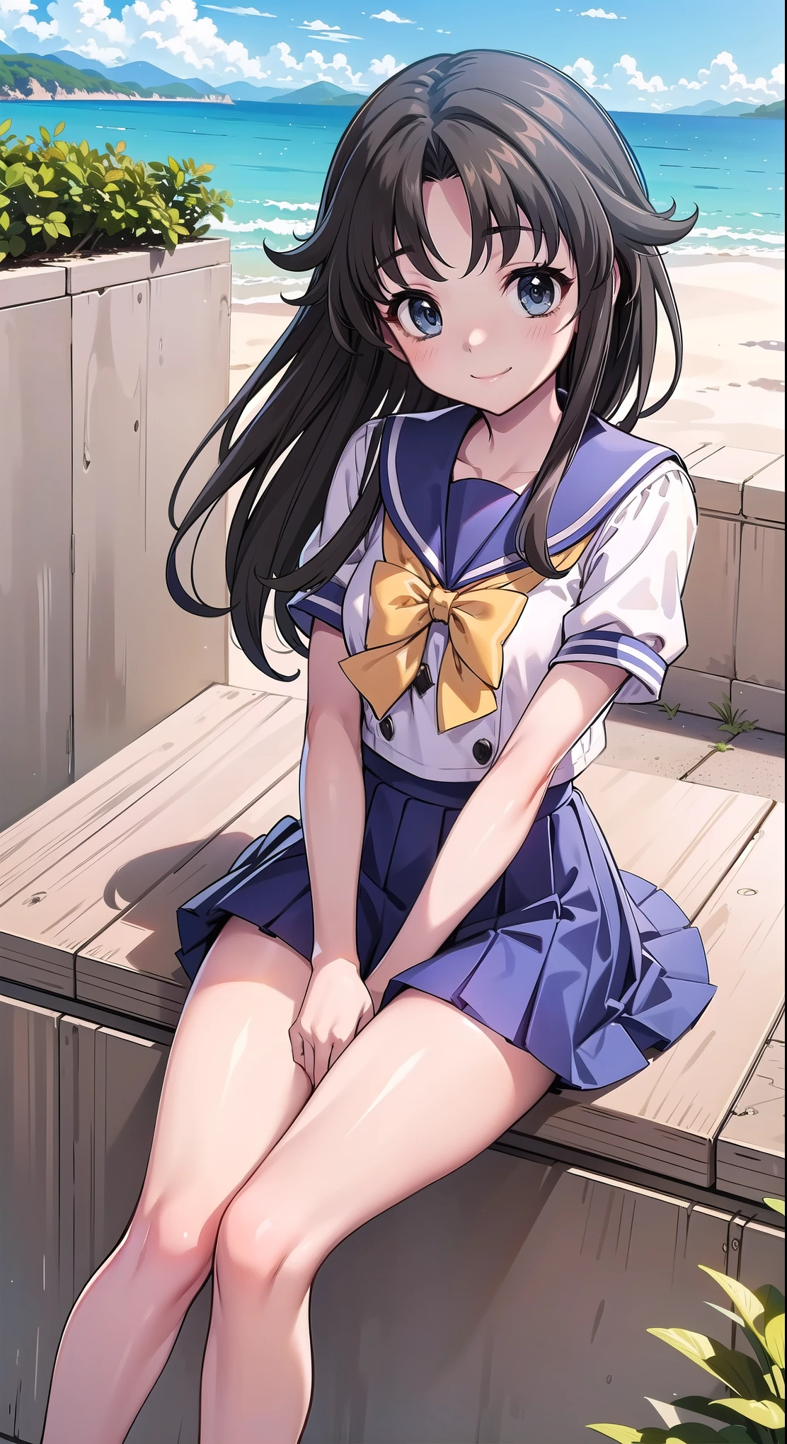  (Masterpiece:1.3),Best quality, high resolution,8k,Black hair,llong hair,sailor collar with a white stripe, yellow bow, blue pleated skirt,school_uniform, purple school uniform,short_sleeves,best smile, beautiful scenery, mini_skirt,Balcony, skirt that rolls up, beautiful scenery, incredible views,summer,visible panties,sitting