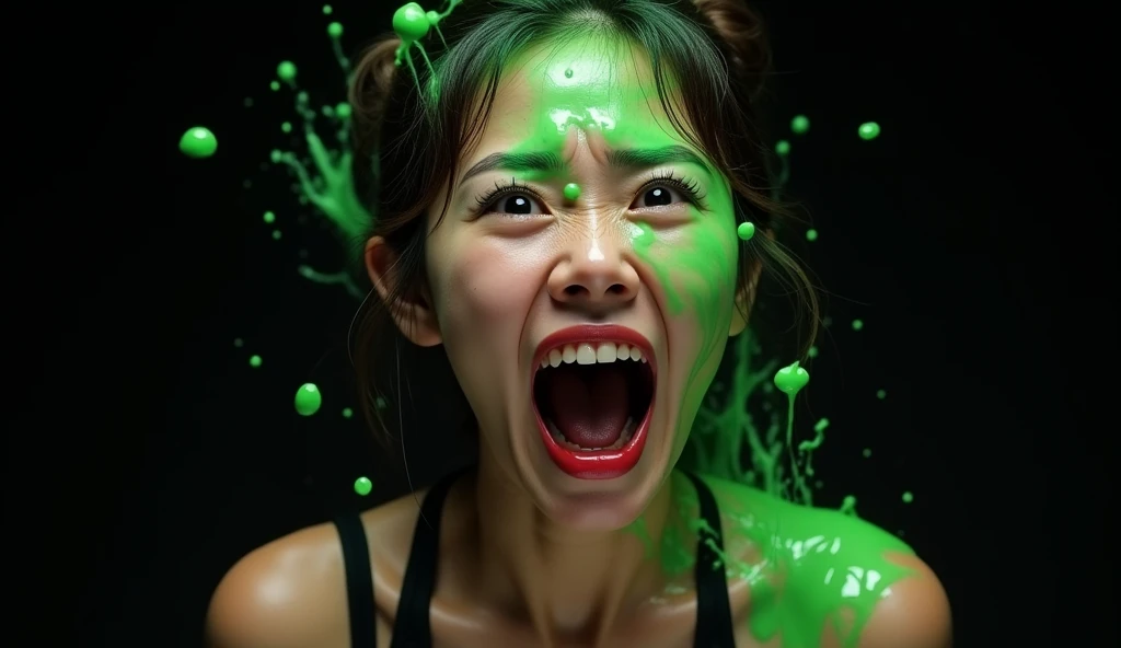 a close up of a tanned korean woman wearing black tank top, red lipstick, bun brown hair, her face looks scared and screamed with mouth open like shouting. Her palms to the camera looks like she's avoiding it. there is green transparant liquid slime splashed to her head. the slime looks like it splashes around. black background. realistic, medium shot, 8k.