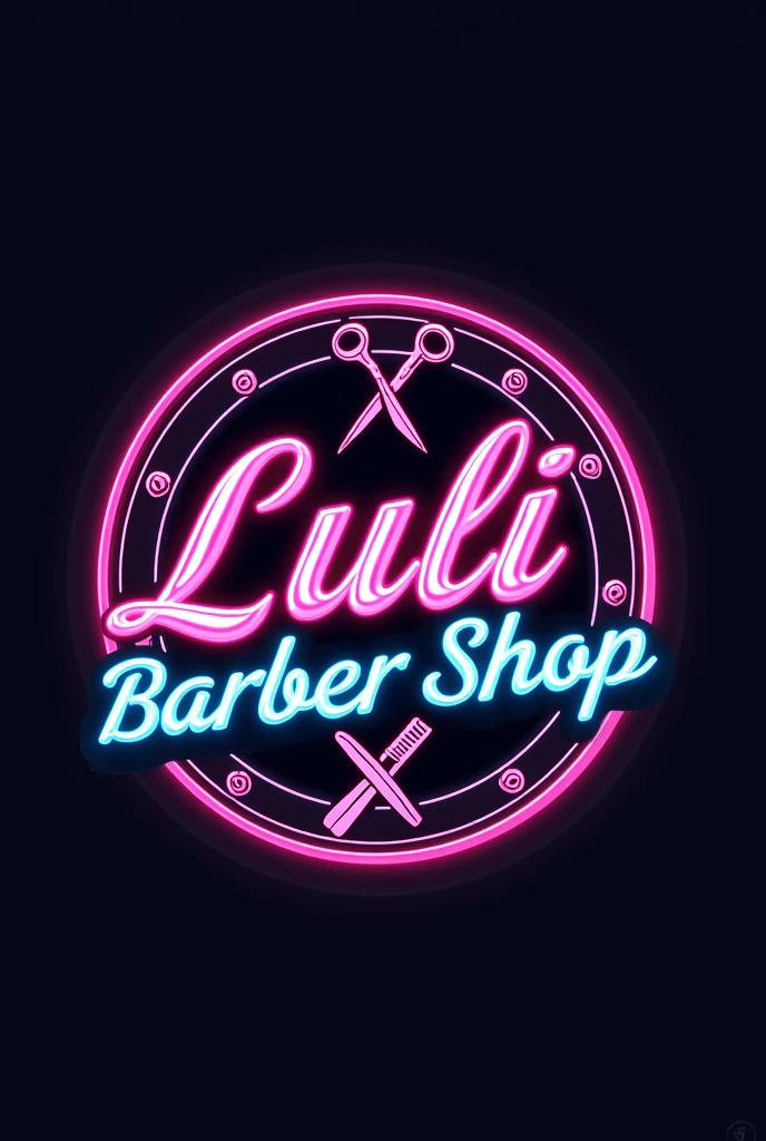 Neon round logo that says luli barber shop that has scissors and razors and barber machines