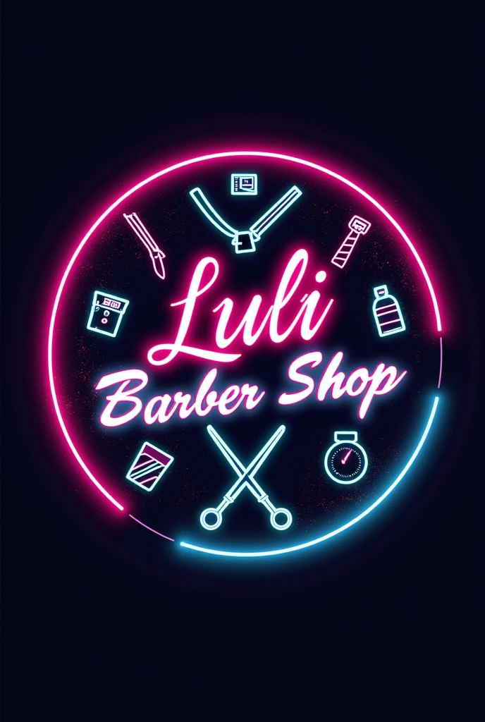 Neon round logo that says luli barber shop that has scissors and razors and barber machines