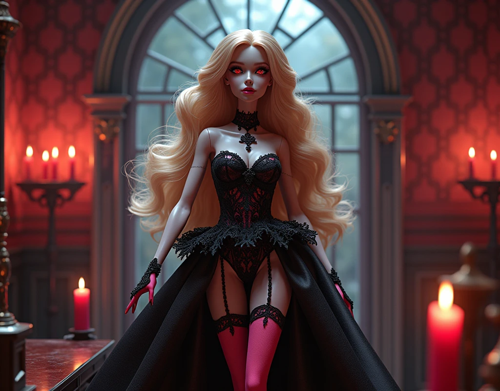 Fantasy art, RPG art, Dark fantasy art, comic illustration of extremely beautiful Barbie vampire, real life  Barbie mistress of death, she has long hair, flowing hair, wavy hair, blond hair, pale grey skin, (red eyes: 1.3) (glowing eyes: 1.3), (stains of blood on face: 1.2), (vampire teeth: 1.4), she wears dark pink dress, silk dress, intricate dress,  she wears pink stockings, high heels, Barbie dollhouse backgrond, dynamic position, (full body: 1.2) candles light, dark fantasy art, gothic art, dynamic angle, best details, best quality, 16K, [ultra detailed], masterpiece, best quality, (ultra detailed), full body, ultra wide shot, photorealistic,
