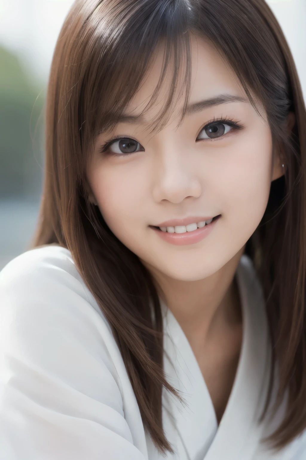 best quality, face focus, soft light, ultra high res, (photorealistic:1.4), RAW photo,(Shinozaki Ai), white skin, kawaii, 1 Japanese girl, solo, cute, (smile), (pupil, lights in the eyes), detailed beautiful face, Medium-sized breasts,(high resolution detail of human skin texture),(long hair),(portrait), upper body, white traditional kimono