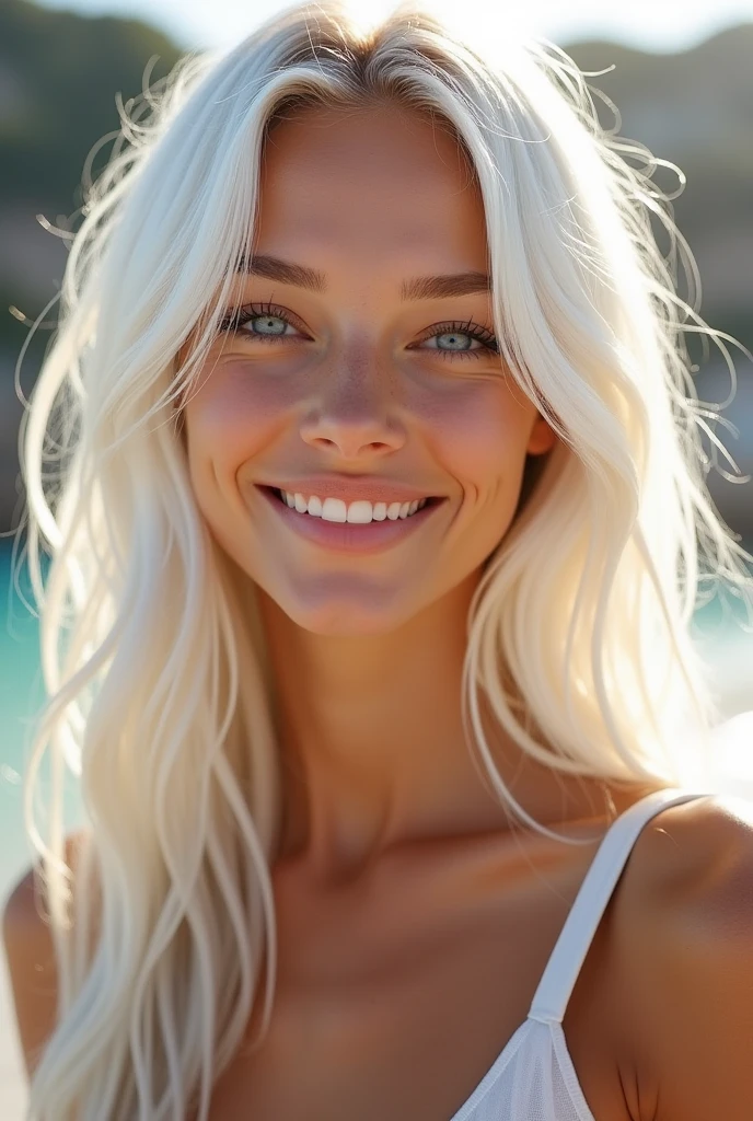 She is slender, with long, wavy white hair that shimmers in the sun. She has clear blue eyes surrounded by thick eyelashes and soft, porcelain skin. Her smile is warm and sincere, with barely noticeable dimples on her cheeks. She radiates natural charm and lightness, creating a feeling of joy and warmth around her. no cmile