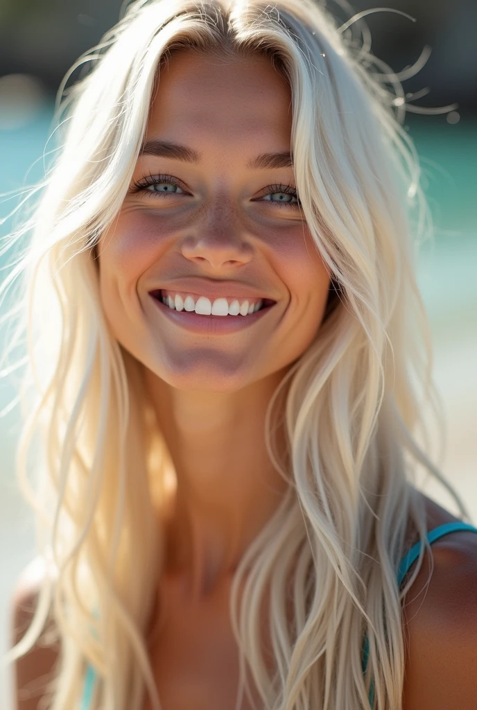 She is slender, with long, wavy white hair that shimmers in the sun. She has clear blue eyes surrounded by thick eyelashes and soft, porcelain skin. Her smile is warm and sincere, with barely noticeable dimples on her cheeks. She radiates natural charm and lightness, creating a feeling of joy and warmth around her. no cmile