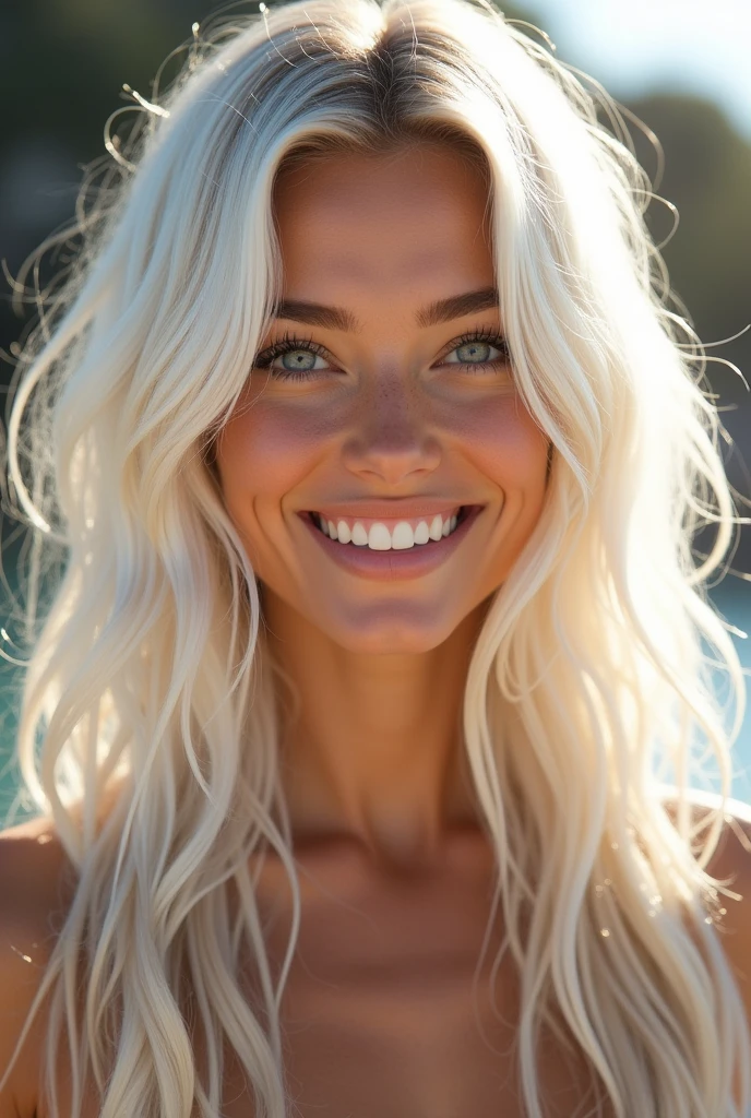 She is slender, with long, wavy white hair that shimmers in the sun. She has clear blue eyes surrounded by thick eyelashes and soft, porcelain skin. Her smile is warm and sincere, with barely noticeable dimples on her cheeks. She radiates natural charm and lightness, creating a feeling of joy and warmth around her. no cmile