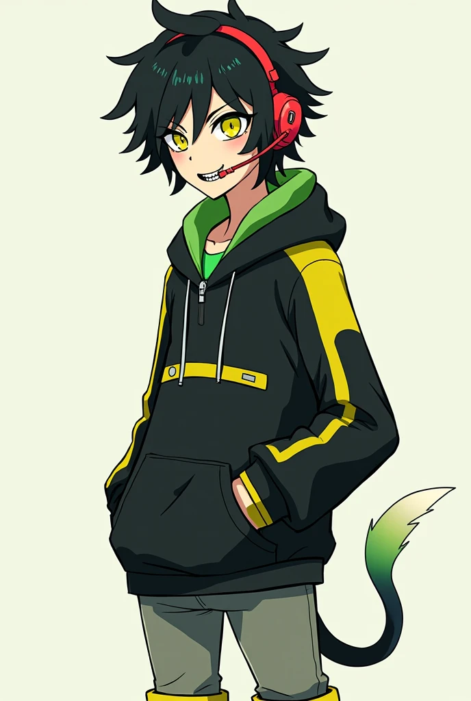黒のような緑のような髪のmale。。Short, outward-curling hair is tousled and frizzy。He has yellow-green eyes with a squint and severe dark circles。
A close-fitting, racer-style hoodie and a red headset are worn。A microphone and antenna extend from the headset。The hoodie is black, with yellow-green from the shoulders to the upper arm。There's a chest pocket with a silver zipper。An inner deep green hooded sweatshirt is worn。The pants have yellow-green at the knees and around the pockets、The inside is gray。The boots are solid yellow-green。A soft, white-to-yellow-green gradient tail accessory is attached to the left hip。The teeth are jagged。The whites of the eyes are black。male。