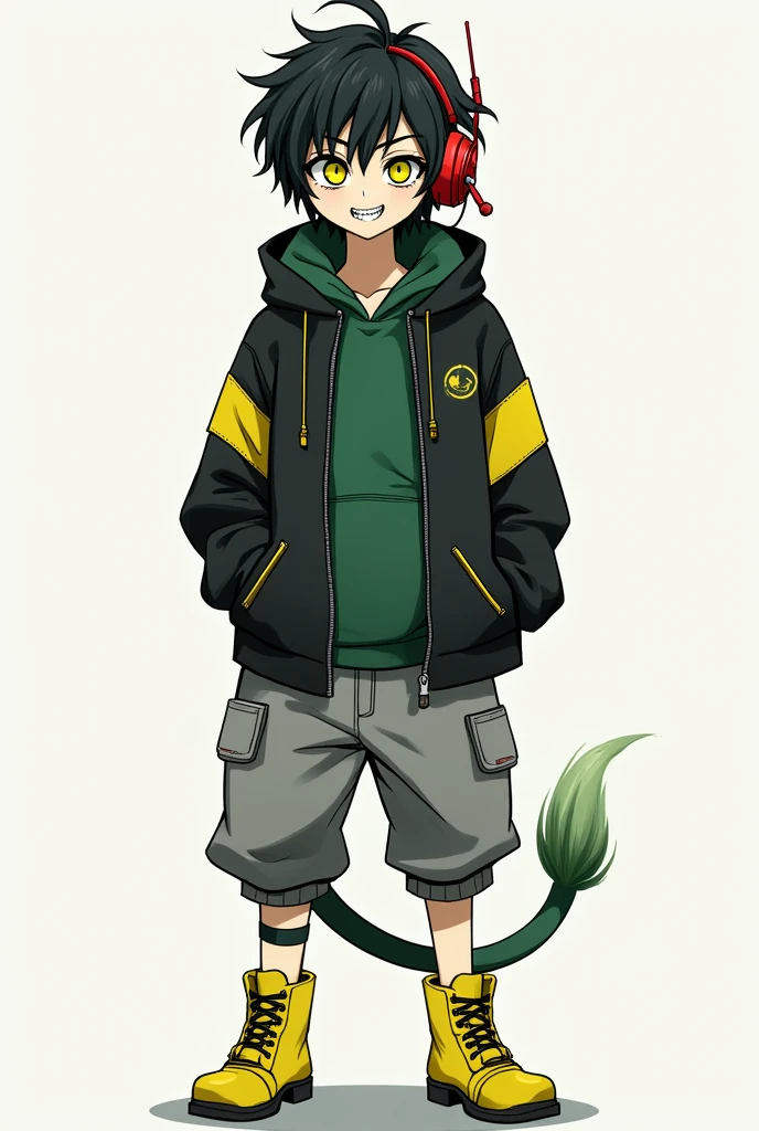 黒のような緑のような髪のmale。。Short, outward-curling hair is tousled and frizzy。He has yellow-green eyes with a squint and severe dark circles。
A close-fitting, racer-style hoodie and a red headset are worn。A microphone and antenna extend from the headset。The hoodie is black, with yellow-green from the shoulders to the upper arm。There's a chest pocket with a silver zipper。An inner deep green hooded sweatshirt is worn。The pants have yellow-green at the knees and around the pockets、The inside is gray。The boots are solid yellow-green。A soft, white-to-yellow-green gradient tail accessory is attached to the left hip。The teeth are jagged。The whites of the eyes are black。male。