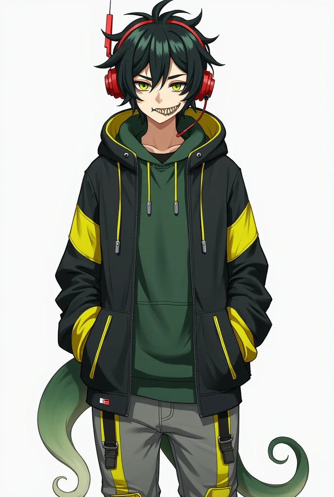 黒のような緑のような髪のmale。。Short, outward-curling hair is tousled and frizzy。He has yellow-green eyes with a squint and severe dark circles。
A close-fitting, racer-style hoodie and a red headset are worn。A microphone and antenna extend from the headset。The hoodie is black, with yellow-green from the shoulders to the upper arm。There's a chest pocket with a silver zipper。An inner deep green hooded sweatshirt is worn。The pants have yellow-green at the knees and around the pockets、The inside is gray。The boots are solid yellow-green。A soft, white-to-yellow-green gradient tail accessory is attached to the left hip。The teeth are jagged。The whites of the eyes are black。male。