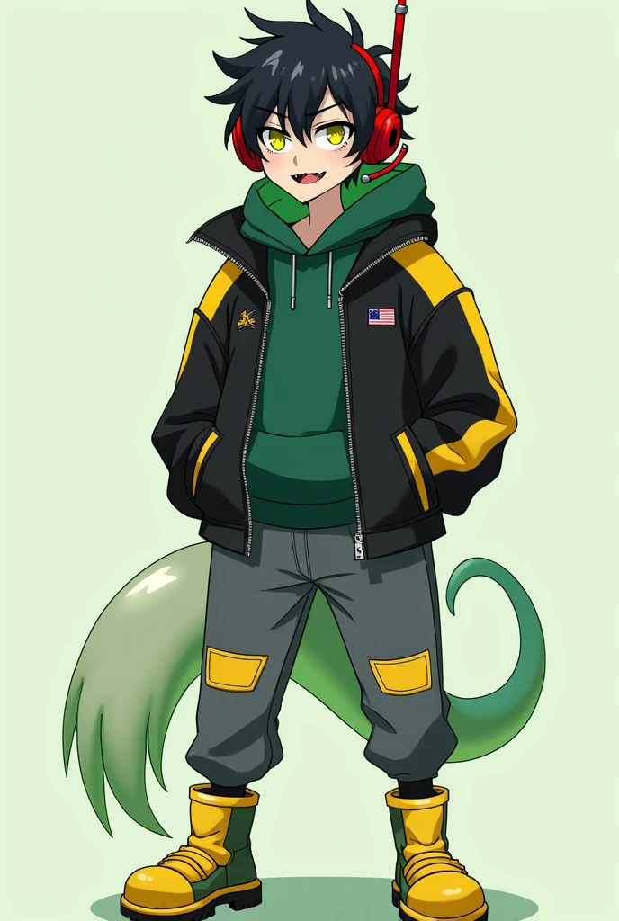 黒のような緑のような髪のmale。。Short, outward-curling hair is tousled and frizzy。He has yellow-green eyes with a squint and severe dark circles。
A close-fitting, racer-style hoodie and a red headset are worn。A microphone and antenna extend from the headset。The hoodie is black, with yellow-green from the shoulders to the upper arm。There's a chest pocket with a silver zipper。An inner deep green hooded sweatshirt is worn。The pants have yellow-green at the knees and around the pockets、The inside is gray。The boots are solid yellow-green。A soft, white-to-yellow-green gradient tail accessory is attached to the left hip。The teeth are jagged。The whites of the eyes are black。male。