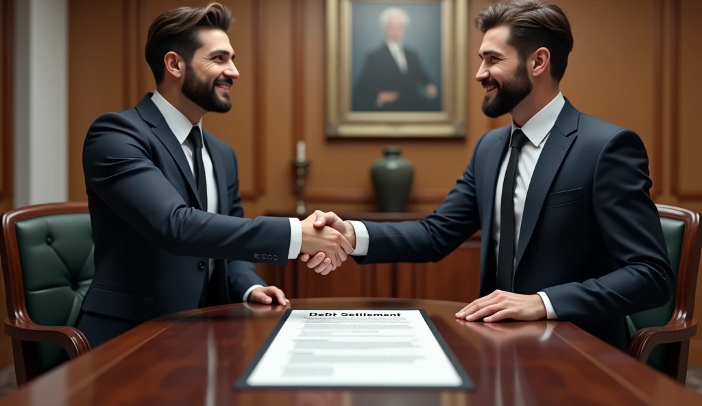 "Two people shaking hands in a professional setting, with a document titled 'Debt Settlement Agreement' on the table, smiling faces, ar 16:9"
