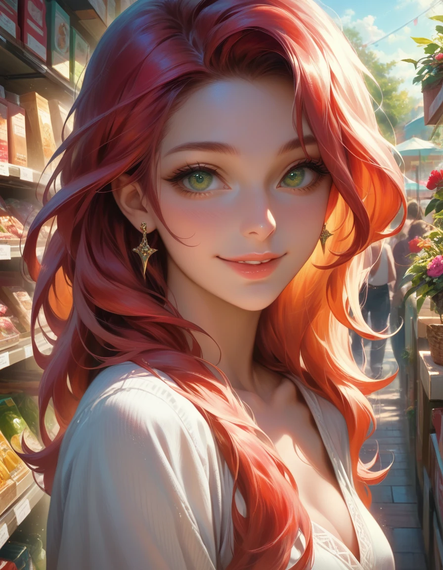 A girl in a flower shop, morning light, sun kissed skin, beautiful green eyes, sensual lips, warm smile, cinematic lighting, vibrant colors, highly detailed, photorealistic, 8k, masterpiece, concept art, Dynamic poses for dynamic angle, looking at viewer 