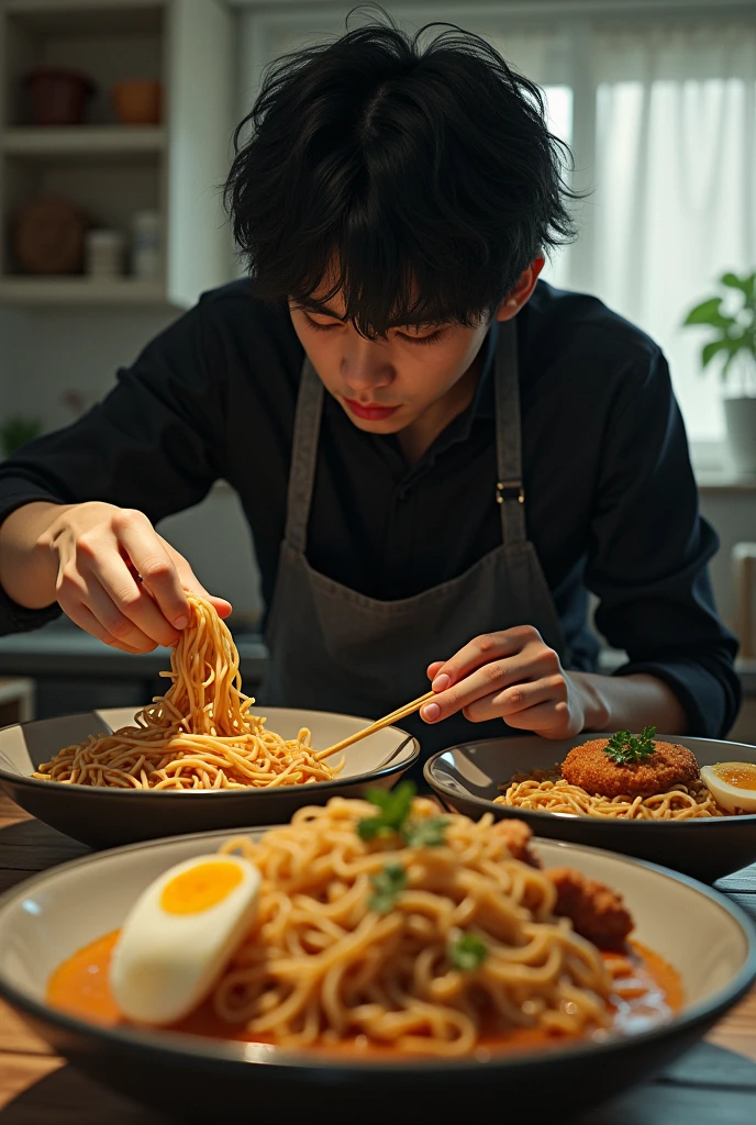 very realistic, making noodles in packages, with a picture of noodles with eggs and fried chicken, as well as an emo-haired man with the words "bojes mie sange" UHDR super realistic