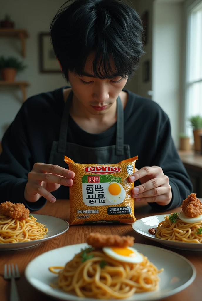 very realistic, making noodles in packages, with a picture of noodles with eggs and fried chicken, as well as an emo-haired man with the words "bojes mie sange" UHDR super realistic