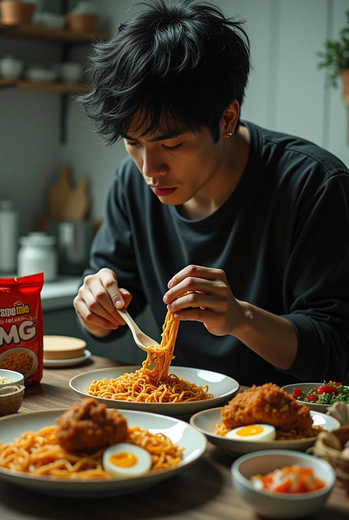 very realistic, making noodles in packages, with a picture of noodles with eggs and fried chicken, as well as an emo-haired man with the words "bojes mie sange" UHDR super realistic