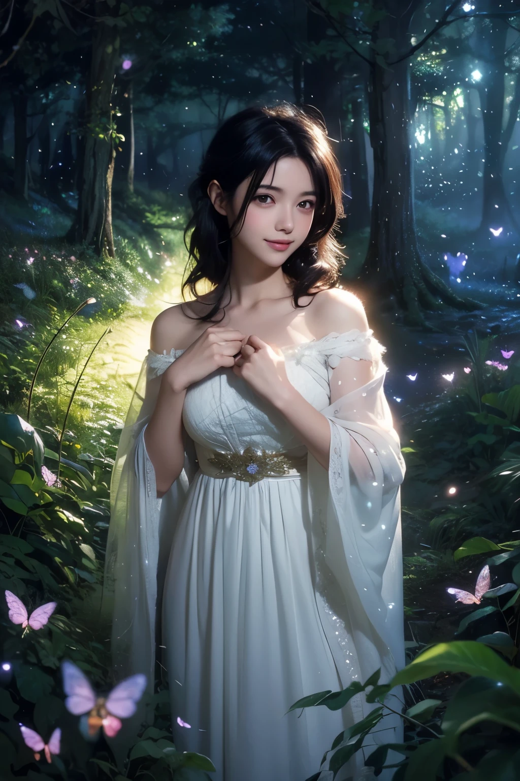 (masterpiece), manga style, soft lights, ethereal, magical looking, a candid looking woman with soft curly black hair, brown eyes, forest, fairytale, full body, tiny butterflies, illustration, magical, light particles, fireflies, art by Mschiffer merged with Makoto Shinkai, cute smile