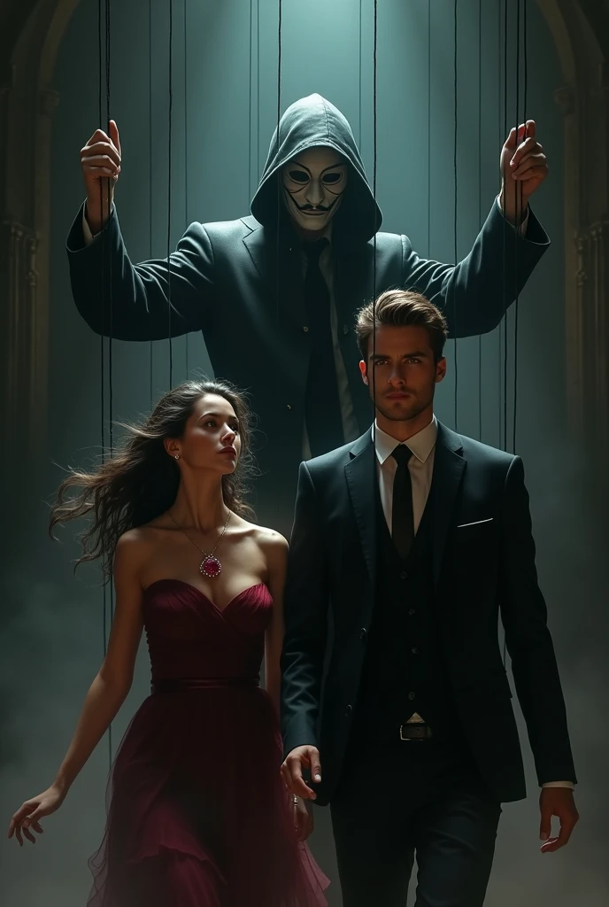 A handsome man wearing a black suit and a young woman wearing a Ruby pendant are running. A shadowy man with a mask is controlling them with puppet string from above.