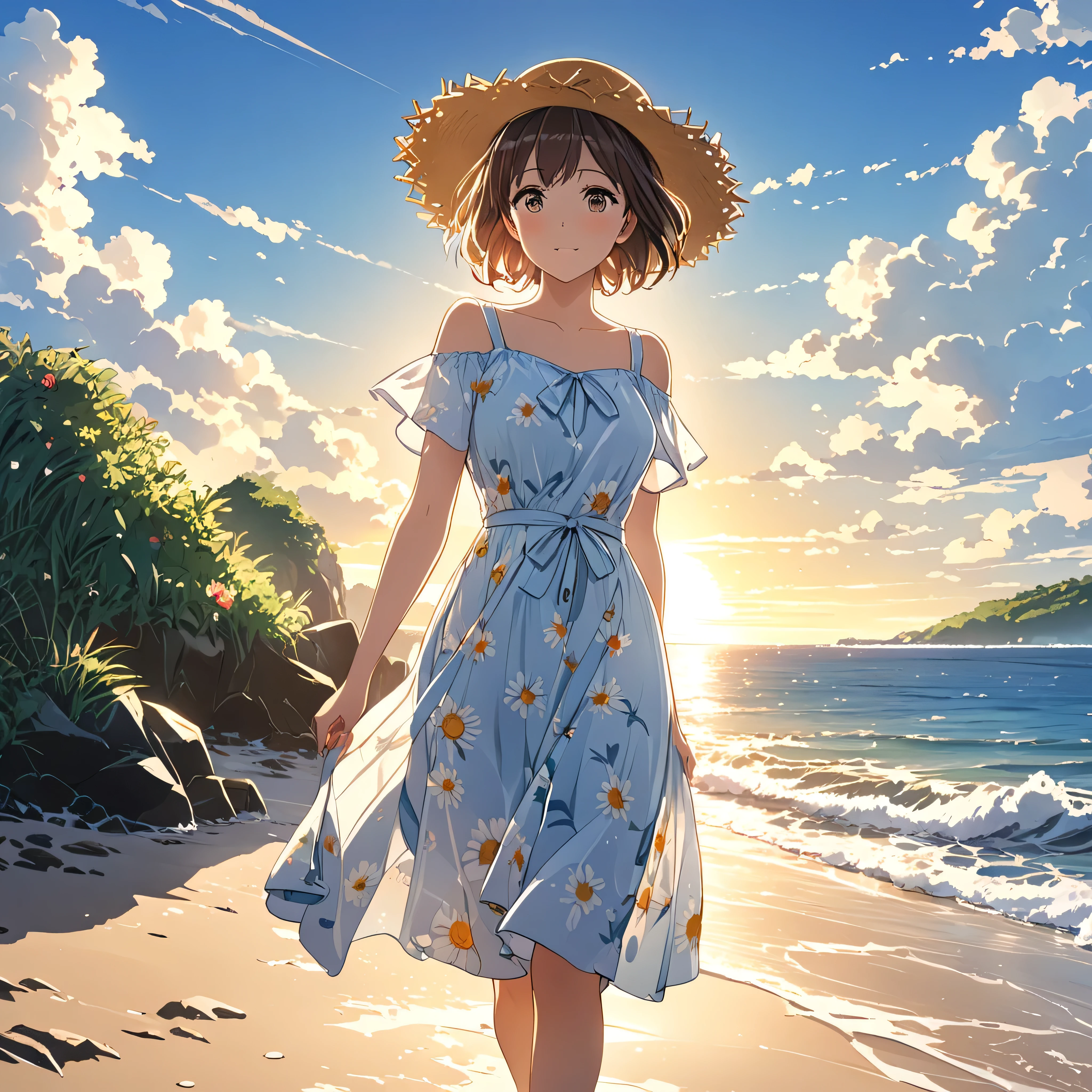 Highest quality、masterpiece、Highly detailed animated illustrations、One Girl、、Summer Dresses、Straw hat、short hair、Sunny summer sky、Backlight、Walking along the coast、Depending on the sunlight、The skirt is transparent