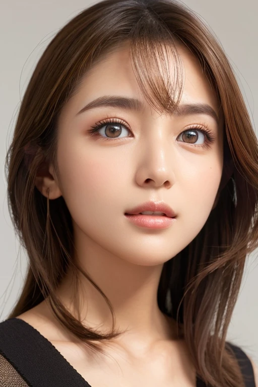 High-quality, ultra-realistic portraits。She has a beautiful nose、Her facial features are gorgeous yet naturally balanced.。Big eyes are kind、Gives a bright impression。The skin is transparent、Has a healthy glow。Makeup is natural、Use orange or mustard colored eyeshadow.、Lip color is subdued。The lighting is soft and natural.、Accentuating facial features、Does not emphasize shadows。The background is simple and has a blurred gradient.、Focus on the face。