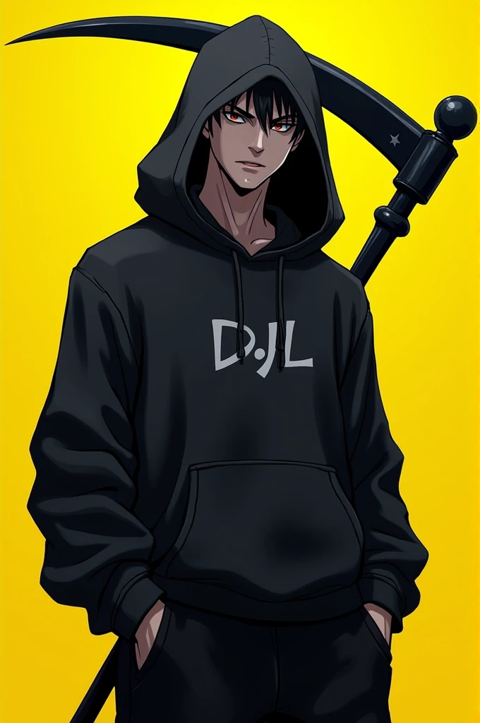 naughty man,smooth face like anime,menacing look,black hooded sweatshirt,Black play pants,Scythe in the back,DDL written on the hood,yellow backdrop.