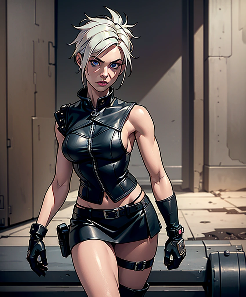 (((Full-length shot))),((full height)),((Best quality)), ((masterpiece)),(detailed),muscular build and medium breasts .., wears an open black leather vest.., black leather gloves, a short skirt and heavy boots. She has a punk rock look.Hyper-realistic close-up photo of Rose Wilson DC, blue eyes,(Photorealism: 1.4), Create dystopian masterpieces. Post-apocalyptic world. Pay attention to small details, sharp focus. The palms of the hands are clenched into fists.