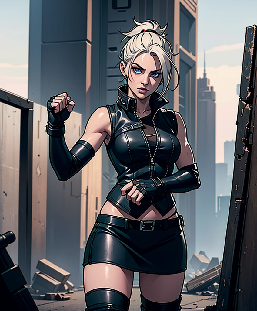 (((Full-length shot))),((full height)),((Best quality)), ((masterpiece)),(detailed),muscular build and medium breasts .., wears an open black leather vest.., black leather gloves, a short skirt and heavy boots. She has a punk rock look.Hyper-realistic close-up photo of Rose Wilson DC, blue eyes,(Photorealism: 1.4), Create dystopian masterpieces. Post-apocalyptic world. Pay attention to small details, sharp focus. The palms of the hands are clenched into fists.