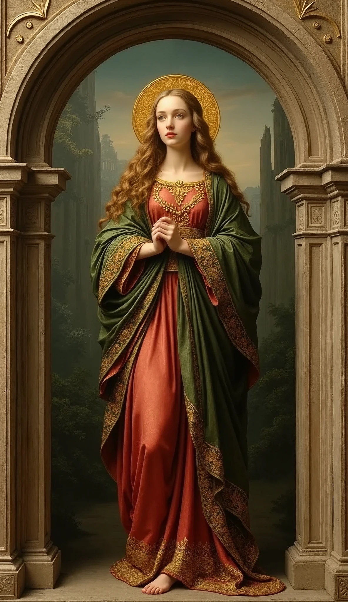 Create a detailed painting in the style of early Renaissance religious art. The central figure is a saintly woman standing gracefully within a Gothic arch frame. She is dressed in richly colored, flowing garments with intricate golden embroidery. The dress features a combination of deep red, green, and gold hues, with the fabric draping elegantly around her. Her hair is long, wavy, and golden, cascading down her shoulders. She wears a delicate golden halo around her head, signifying her saintly nature.