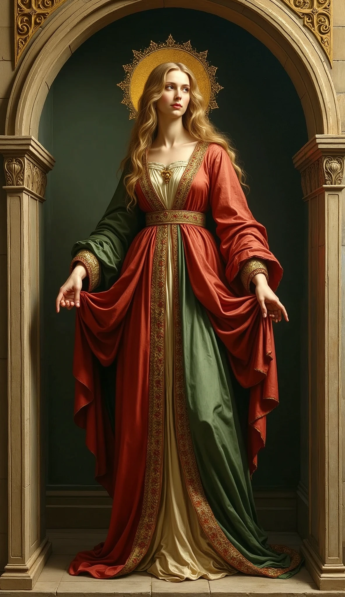 Create a detailed painting in the style of early Renaissance religious art. The central figure is a saintly woman standing gracefully within a Gothic arch frame. She is dressed in richly colored, flowing garments with intricate golden embroidery. The dress features a combination of deep red, green, and gold hues, with the fabric draping elegantly around her. Her hair is long, wavy, and golden, cascading down her shoulders. She wears a delicate golden halo around her head, signifying her saintly nature.
