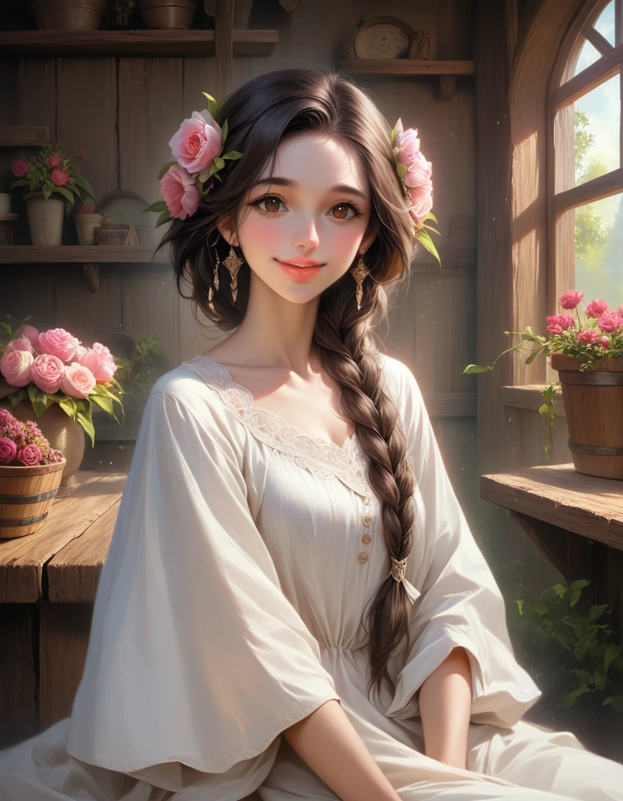 a beautiful female flower shop owner with long dark brown hair in a loose braid,hyper detailed lips 💋 smile ☺ 🌹 wearing a brown and white long dress, sitting on a chair surrounded by flower bouquets in a cozy, cottage-like fantasy room, (best quality,4k,8k,highres,masterpiece:1.2),ultra-detailed,(realistic,photorealistic,photo-realistic:1.37),extremely detailed eyes and face,beautiful detailed eyes,beautiful detailed lips,longeyelashes,intricate details,soft lighting,warm color tones,cinematic lighting,whimsical,magical,dreamlike