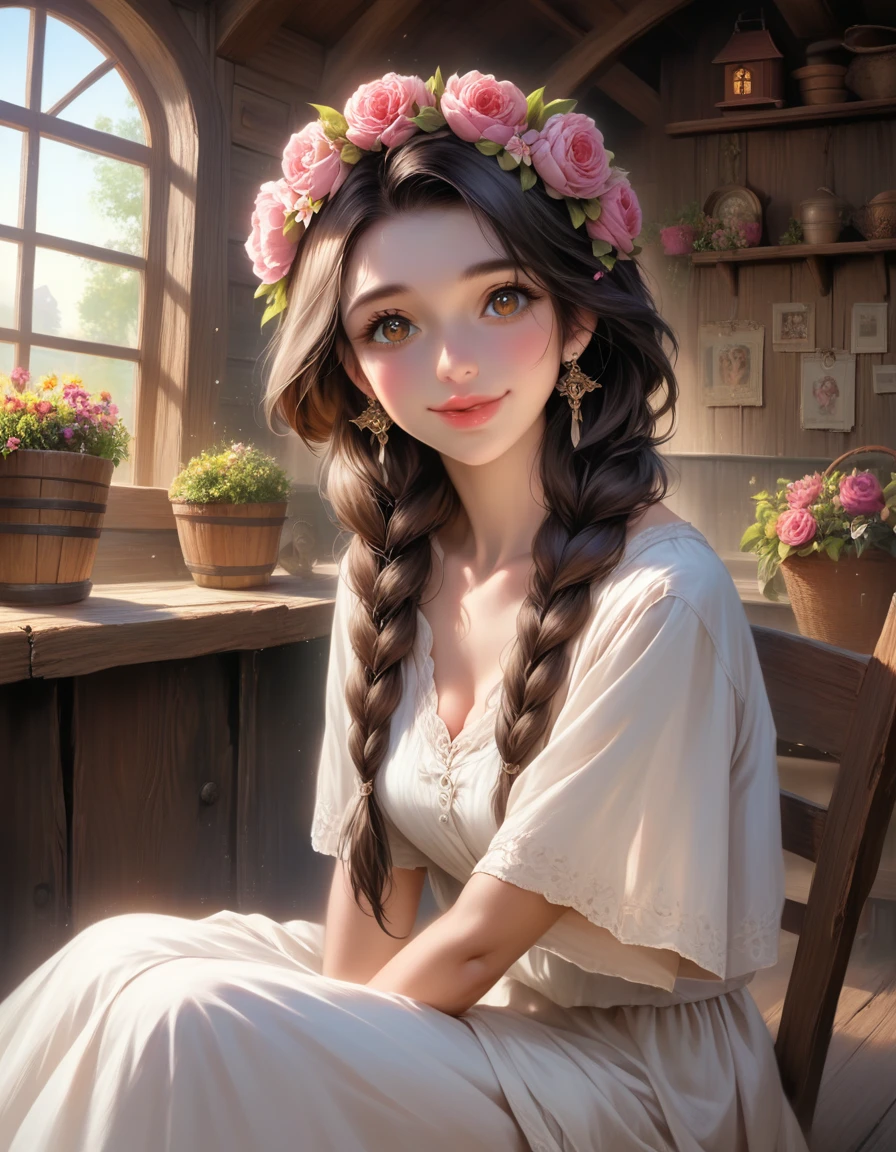 a beautiful female flower shop owner with long dark brown hair in a loose braid,hyper detailed lips 💋 smile ☺ 🌹 wearing a brown and white long dress, sitting on a chair surrounded by flower bouquets in a cozy, cottage-like fantasy room, (best quality,4k,8k,highres,masterpiece:1.2),ultra-detailed,(realistic,photorealistic,photo-realistic:1.37),extremely detailed eyes and face,beautiful detailed eyes,beautiful detailed lips,longeyelashes,intricate details,soft lighting,warm color tones,cinematic lighting,whimsical,magical,dreamlike