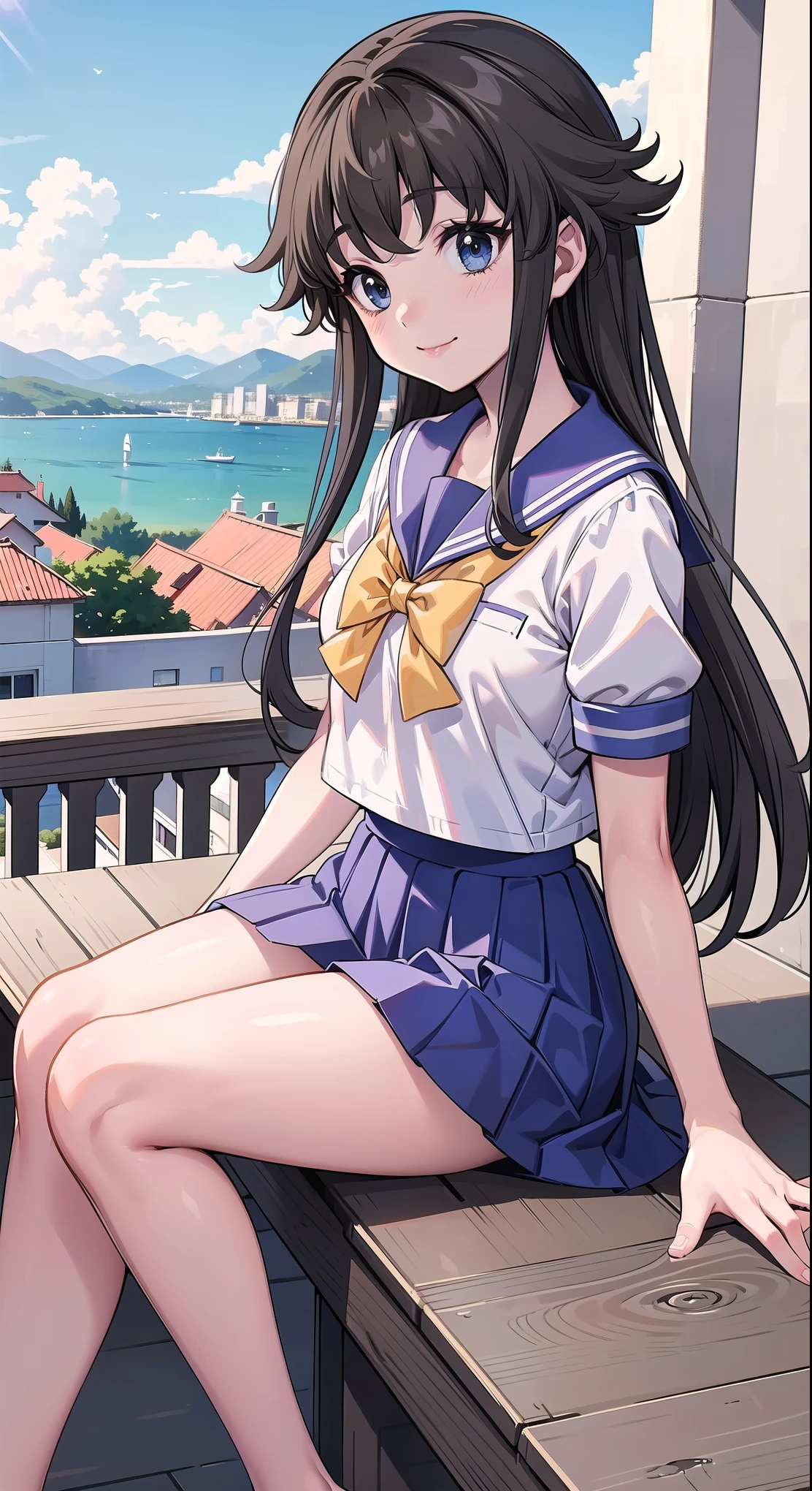  (Masterpiece:1.3),Best quality, high resolution,8k,Black hair,llong hair,sailor collar with a white stripe, yellow bow, blue pleated skirt,school_uniform, purple school uniform,short_sleeves,best smile, beautiful scenery, mini_skirt,Balcony, skirt that rolls up, beautiful scenery, incredible views,summer,visible panties,sitting