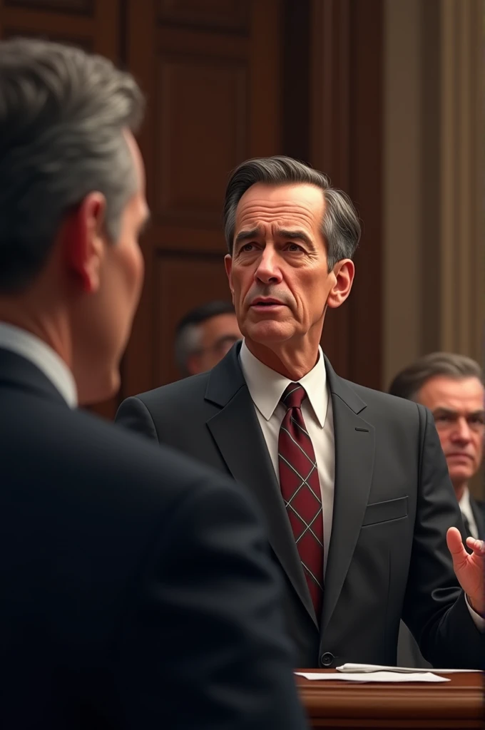 Council member, during a speech, a bit of arrogance to the president, 50 years old man, normal building of the body, elegant, semi formal, dark hair