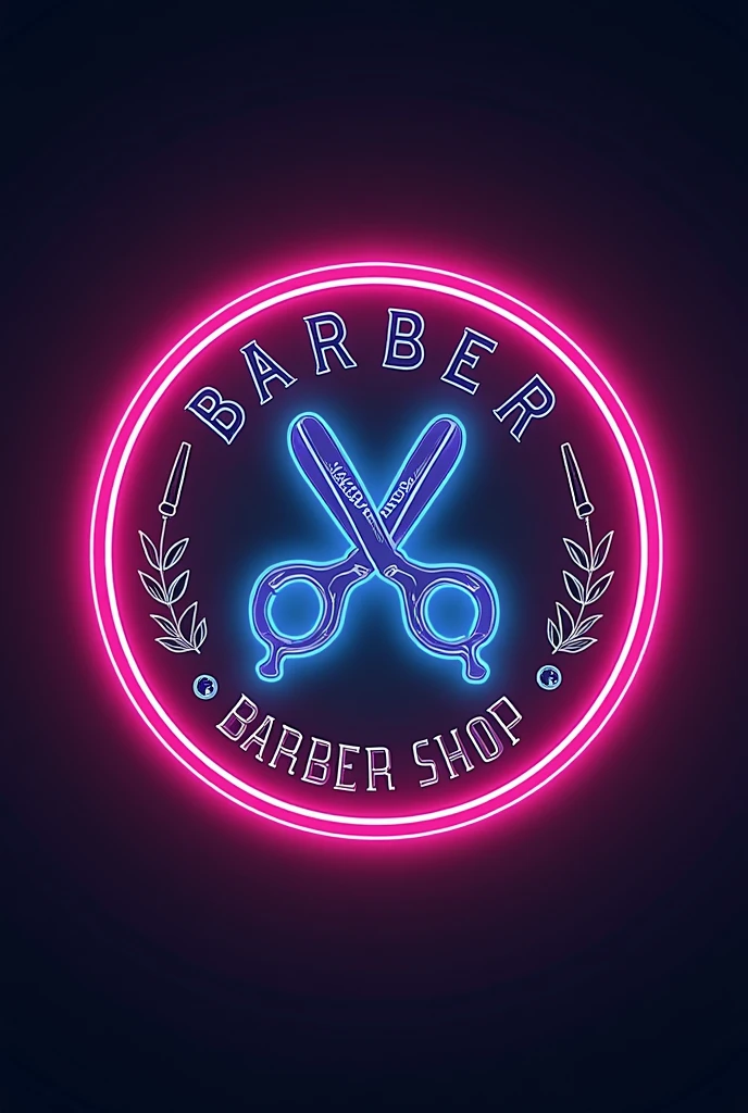 Neon round logo that says luli barber shop that has scissors and razors and barber herramien