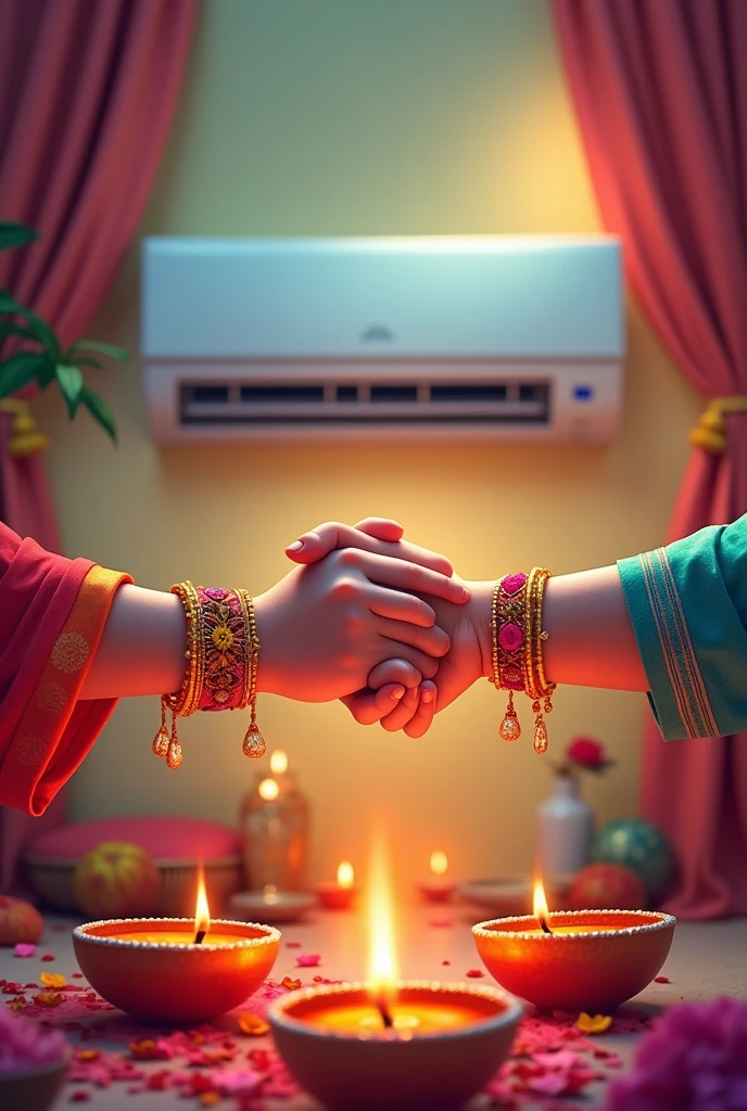 A beautiful young woman tying a colorful rakhi (sacred thread) on her brother's wrist, intricate floral decorations, warm lighting, vibrant colors, traditional indian festival, highly detailed, photorealistic, 8k, masterpiece