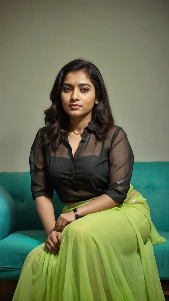 South Indian women, wearing light green colour chiffon transparent shiny skirt and black chiffon shirt 