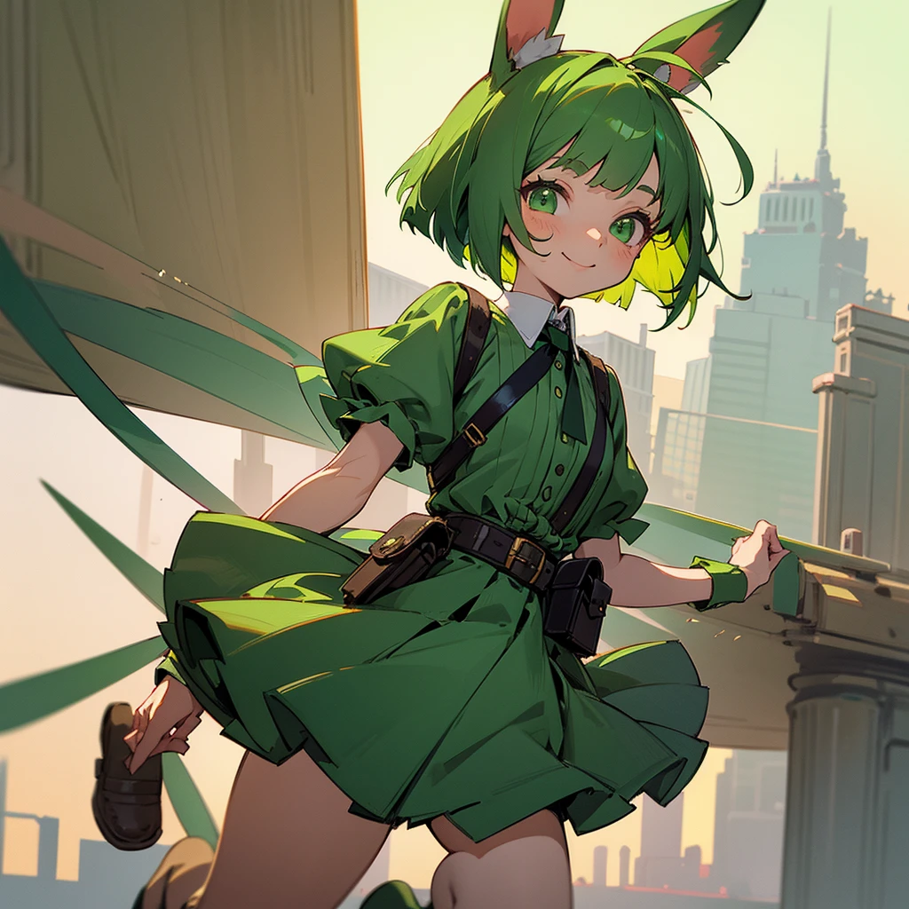 Green rabbit ears, green animal ears, a girl, bob cut, green hair, green eyes, look young, alone, short,  tiny,Lolita, childhood,smile, overall, belt, waist bag, waist pouch, kawaii, cute,face, 1900 age, City, jumping