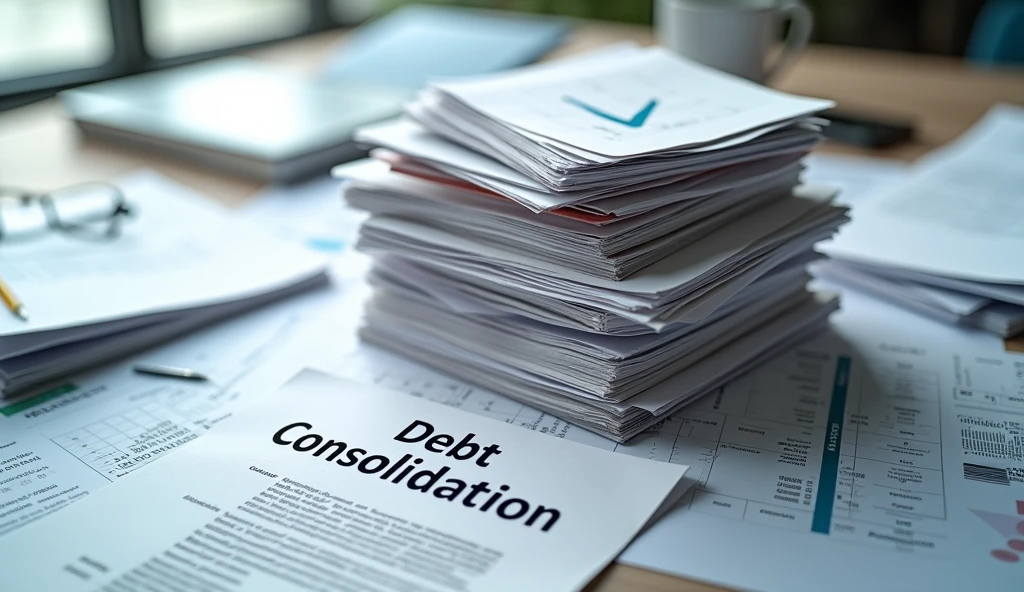 "A stack of different bills and debts being combined into one larger document labeled 'Debt Consolidation,' with a background of financial paperwork, ar 16:9"