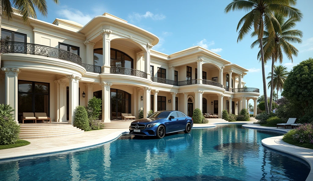 luxury mansion with a mercedes car parked in front of it, seaside, luxury pool, luxury lifestyle, luxurious environment, luxury architecture, rich, huge mansion, rich style, luxury and elite, extremely opulent, luxurious, hyper luxurious, majestic masterpiece, wealthy, luxury, stunning grand architecture, exquisite masterpiece, flaunting his wealth, inside a grand, architectural masterpiece, heaven, heavenly
