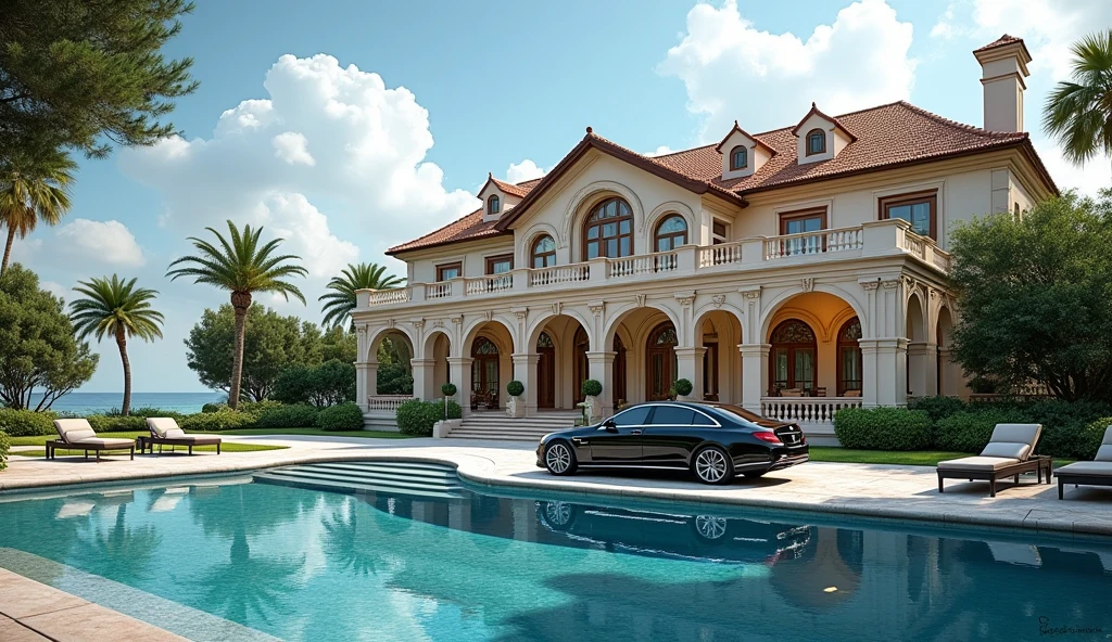 luxury mansion with a mercedes car parked in front of it, seaside, luxury pool, luxury lifestyle, luxurious environment, luxury architecture, rich, huge mansion, rich style, luxury and elite, extremely opulent, luxurious, hyper luxurious, majestic masterpiece, wealthy, luxury, stunning grand architecture, exquisite masterpiece, flaunting his wealth, inside a grand, architectural masterpiece, heaven, heavenly