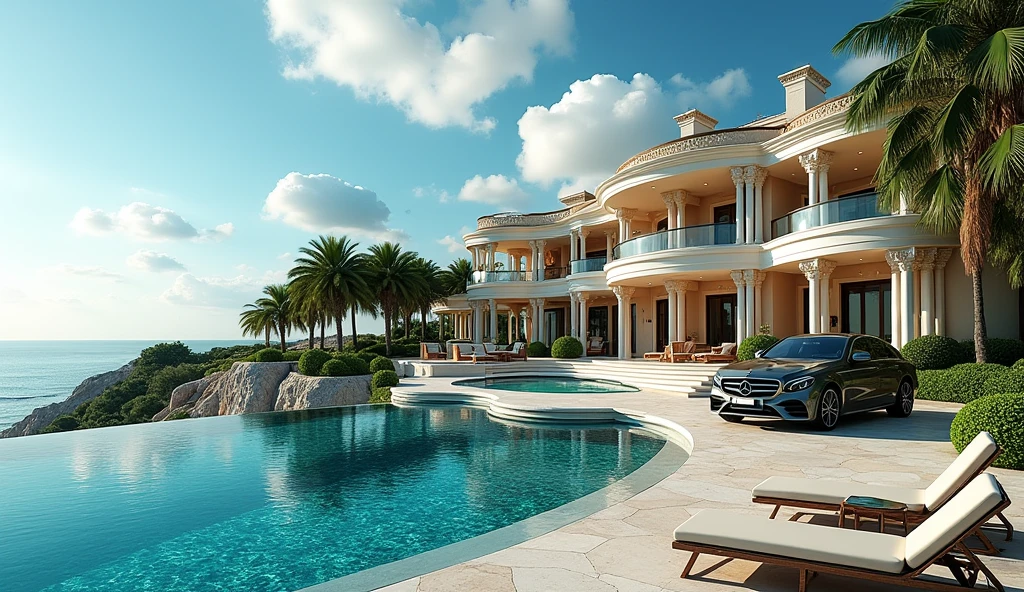 luxury mansion with a mercedes car parked in front of it, seaside, luxury pool, luxury lifestyle, luxurious environment, luxury architecture, rich, huge mansion, rich style, luxury and elite, extremely opulent, luxurious, hyper luxurious, majestic masterpiece, wealthy, luxury, stunning grand architecture, exquisite masterpiece, flaunting his wealth, inside a grand, architectural masterpiece, heaven, heavenly