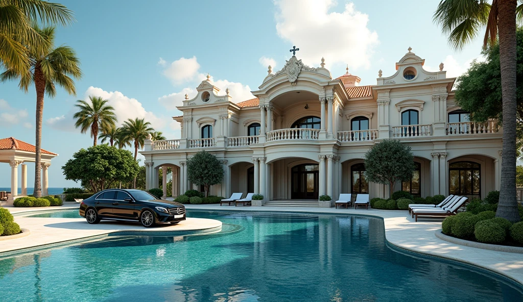 luxury mansion with a mercedes car parked in front of it, seaside, luxury pool, luxury lifestyle, luxurious environment, luxury architecture, rich, huge mansion, rich style, luxury and elite, extremely opulent, luxurious, hyper luxurious, majestic masterpiece, wealthy, luxury, stunning grand architecture, exquisite masterpiece, flaunting his wealth, inside a grand, architectural masterpiece, heaven, heavenly