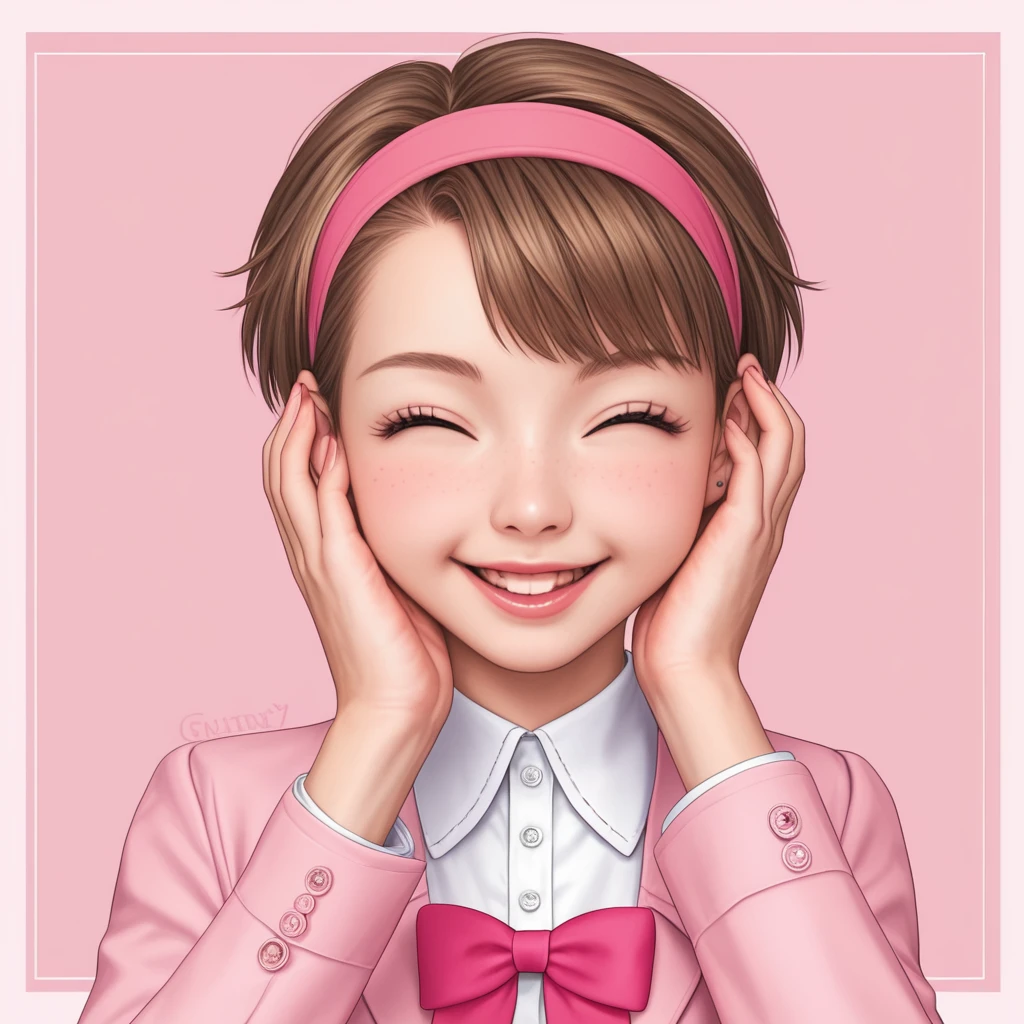 A very cute and charming 10-year-old boy with slightly tousled but neatly styled short hair, striking an extremely cute pose with his hands on his cheeks and a playful wink. He is wearing a frilly pink outfit with ribbons and bows, detailed pink socks and shoes, and a matching pink headband with a large bow. The background is simple and softly blurred, with gentle pink tones, focusing on the character. Highly detailed, professional anime style, clean line art, smooth shading, sharp focus, high-quality hair details, no clutter.