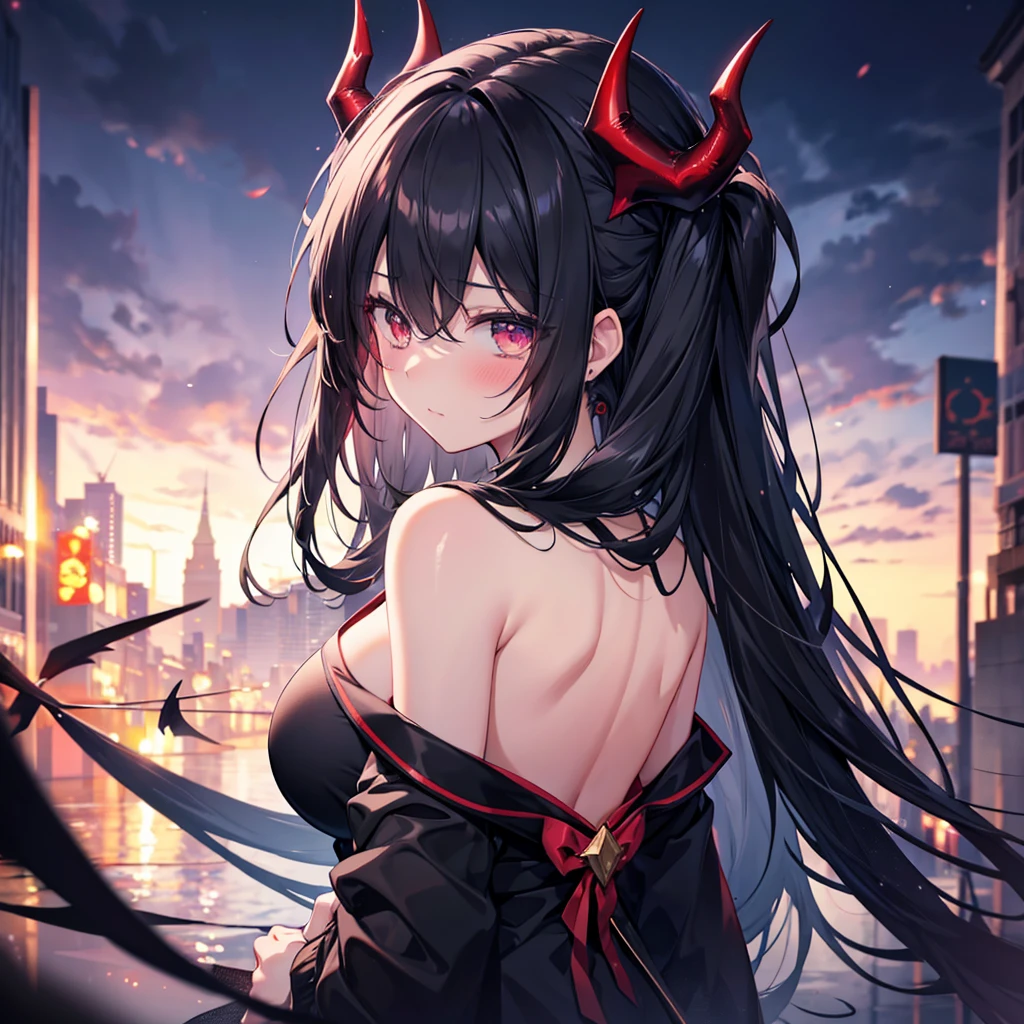Black Hair, Blushing, Highest quality, High resolution, Long Hair, Large Breasts, Back view, Devil horns, Background blur, anime, 