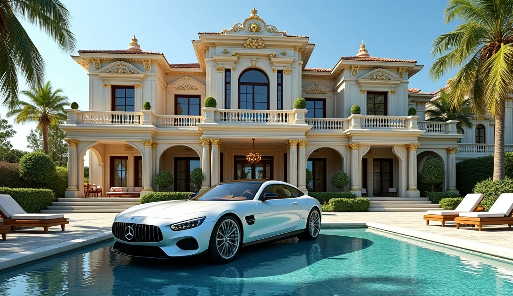 luxury mansion with a mercedes car parked in front of it, seaside, luxury pool, luxury lifestyle, luxurious environment, luxury architecture, rich, huge mansion, rich style, luxury and elite, extremely opulent, luxurious, hyper luxurious, majestic masterpiece, wealthy, luxury, stunning grand architecture, exquisite masterpiece, flaunting his wealth, inside a grand, architectural masterpiece, heaven, heavenly